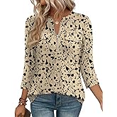 LOMON 3/4 Length Sleeve Womens Tops Business Casual Zip Front V Neck Shirt Loose Fit Work Tunic Blouse