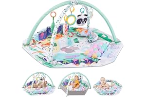 YUEJOIKL 5-in-1 Baby Play Gym Mat, Tummy Time Activity Mat, with 8 Detachable Toys for Newborn Stage-Based Sensory and Motor Skill Development, Baby Play Mats for Floor, Ball Pit, Pet Cushion, Washable