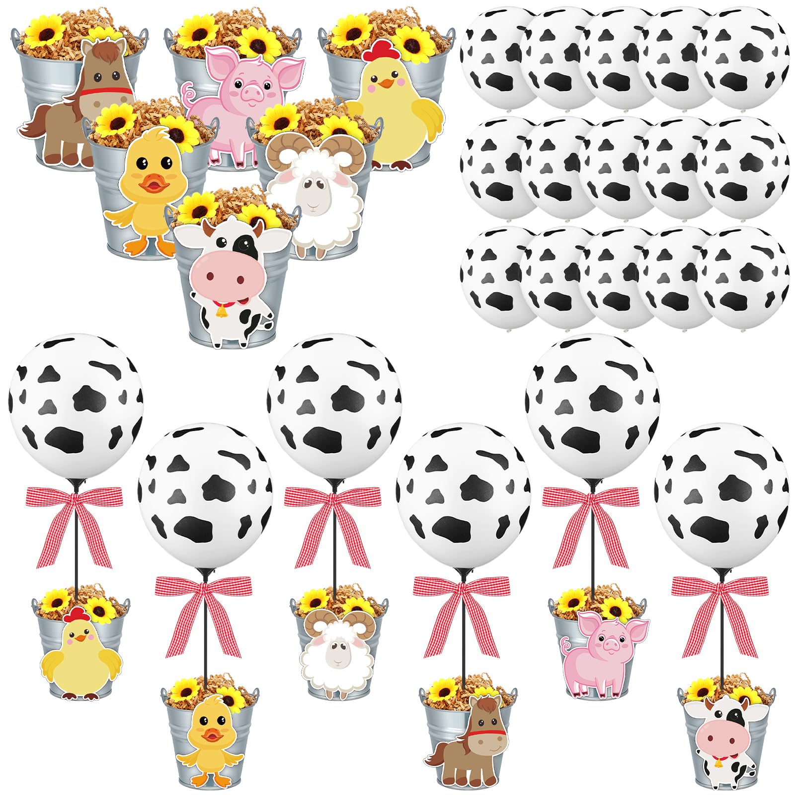 Photo 1 of RimCereal 48 Pcs 6 Set Farm Animal Balloon Centerpieces for Table Decoration Farm Baby Shower Cow Balloons Stand Kit with Metal Bucket Sunflower Animal Cutouts for Barnyard Themed Birthday Party