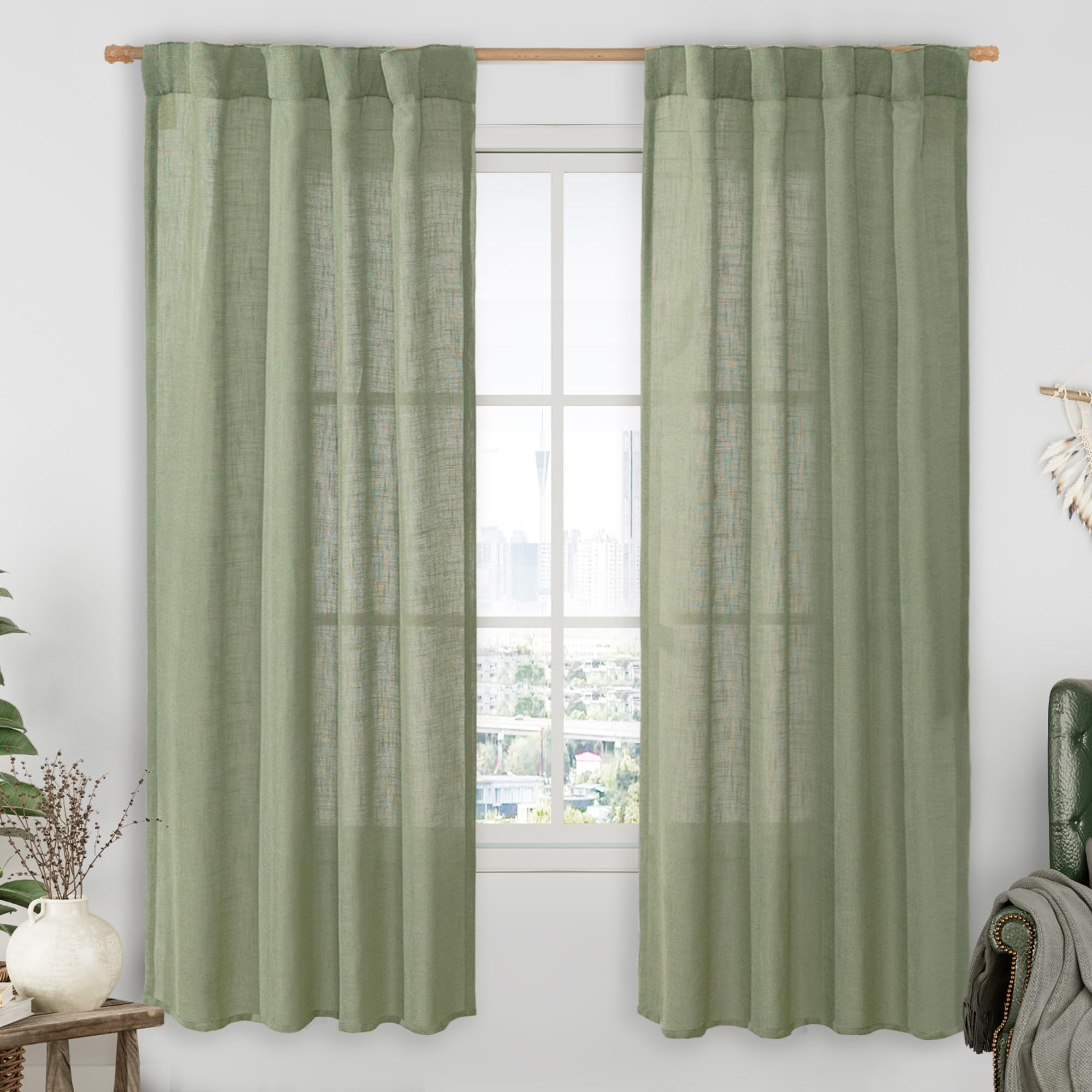 LAMIT Light Filtering Linen Curtains 72 inches Long for Bedroom, Linen Textured Semi Sheer Back Tab and Rod Pocket Boho Drapes for Window/Living Room, Sage Green, 2 Panels, 34 x 72 Inch Image LAMIT Light Filtering Linen Curtains 72 inches Long for Bedroom, Linen Textured Semi Sheer Back Tab and Rod Pocket Boho Drapes for Window/Living Room, Sage Green, 2 Panels, 34 x 72 Inch Image