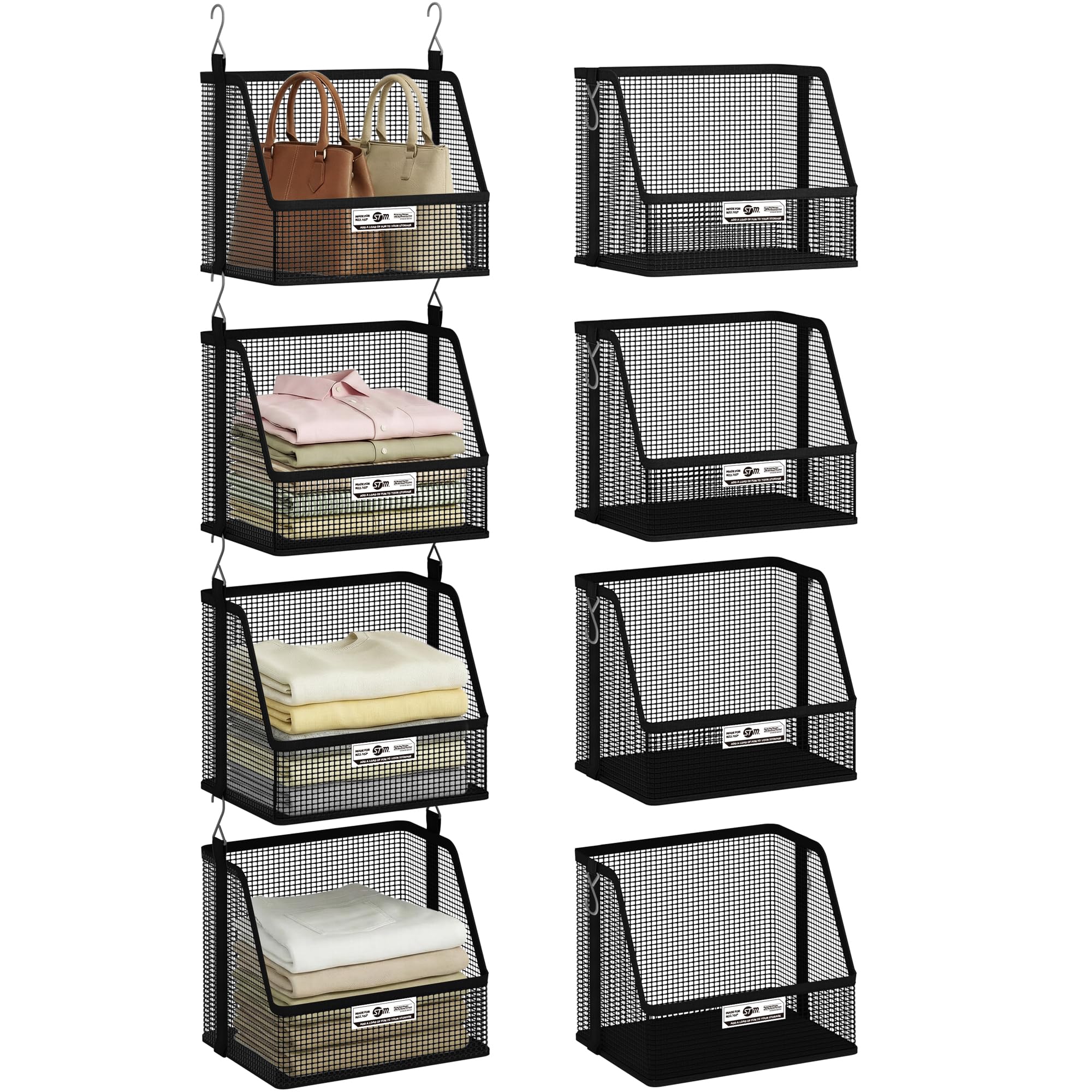 Photo 1 of STORAGE MANIAC 4 Tier Hanging Closet Organizer with Mesh Baskets, Clothes Hanging Shelves, Foldable Stackable Storage, Space-Saving Collapsible Basket with Hooks for RV, Dorm, Bedroom, College, Black