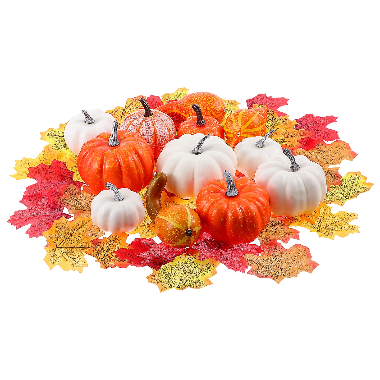 Autumn Decorations Artificial Pumpkins Autumn Leaves Sets, Halloween Decoration Mini Fake Pumpkins Maple Leaves Acorns Gourds for Fall Thanksgiving Halloween Party Home Decor