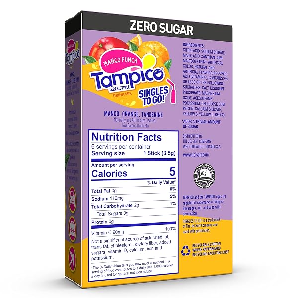 TAMPICO SINGLES TO GO DRINK MIX PACKETS, MANGO PUNCH, ZERO SUGAR, LOW CALORIE, 100% DV OF VITAMIN C PER SERVING, CONVENIENT, ON-THE-GO WATER ENHANCERS, 6 STICKS, PACK OF 1