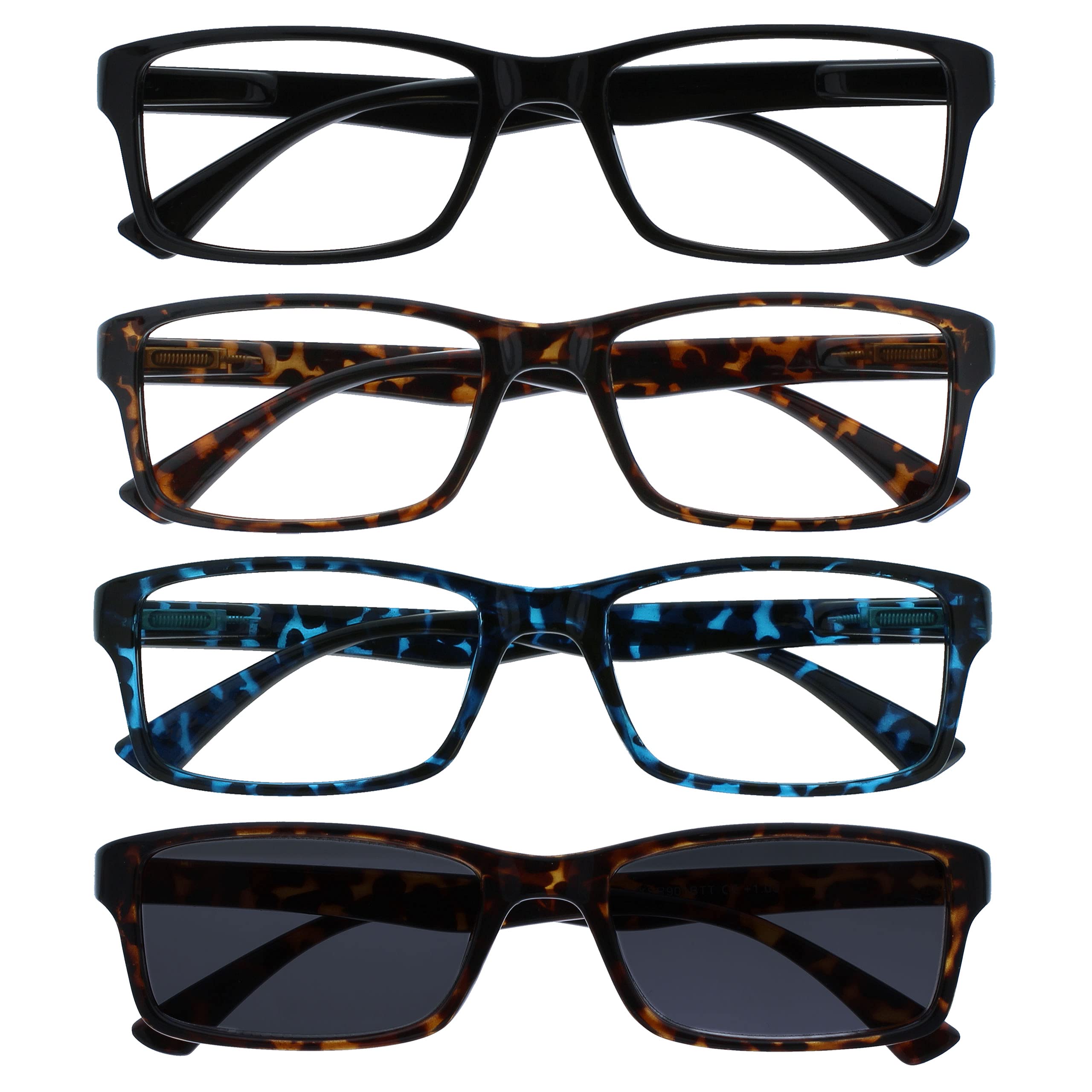 OPULIZE PEP Reading Glasses for Women Men, Large Rectangular Designer Frame with Spring Hinges, Scratch Resistant, Black, Brown, Blue, Brown Sun +1 (Pack of 4) — image 1
