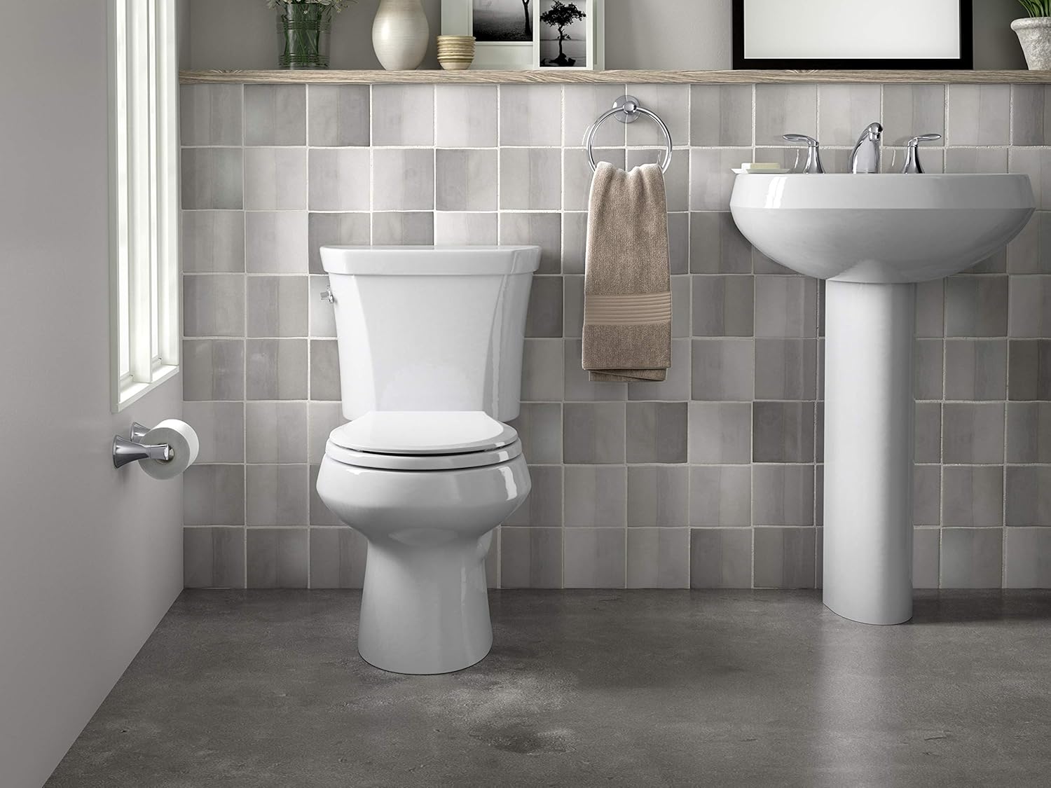 KOHLER K-3987-0 Wellworth Two-Piece Round-Front Dual-Flush Toilet with Class Five Flush System and Left-Hand Trip Lever, White - - 