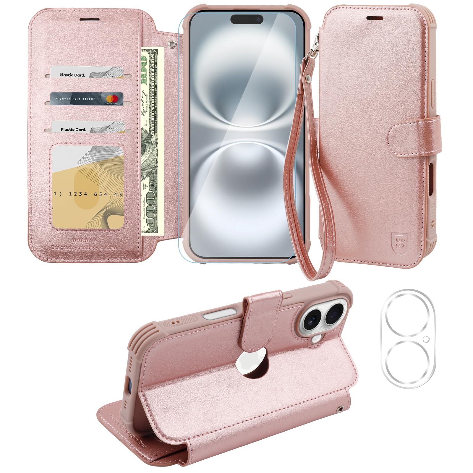 VANAVAGY Compatible for iPhone 16 Wallet Case, 12ft Drop Protection, RFID Blocking PU Leather Flip Cover, Card Holder & Kickstand, Shockproof Phone Case for 16-6.1 Inch,Rose Gold