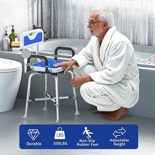 360° SWIVEL SHOWER CHAIR WITH ARMS AND BACK, HEAVY DUTY 500 LBS BARIATRIC BATH BENCH FOR SENIORS ELDERLY DISABLED ADULTS, UPGRADED ADJUSTABLE HEIGHT SHOWER STOOL FOR INSIDE SHOWER STALL,BIG