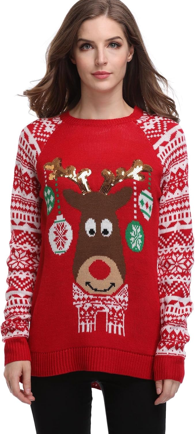 Christmas Women Loose Santa Knit Longsleeve Sweater Fleece Ugly Sweatshirt Pullover Sweater Red 