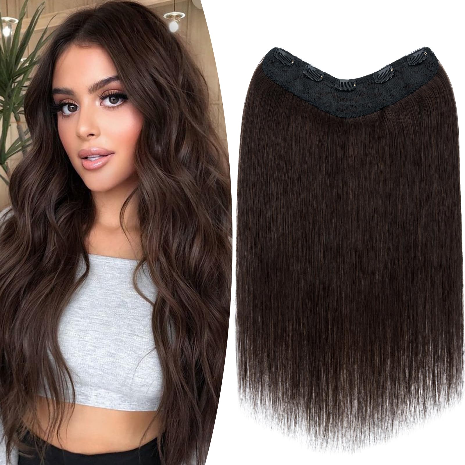 TESS Clip In Hair Extension,Hair Extensions Real Human Hair One Peice U-Shaped Straight Hairpieces for Women/Ladies/Girls(#2 Dark Brown,18Inch)