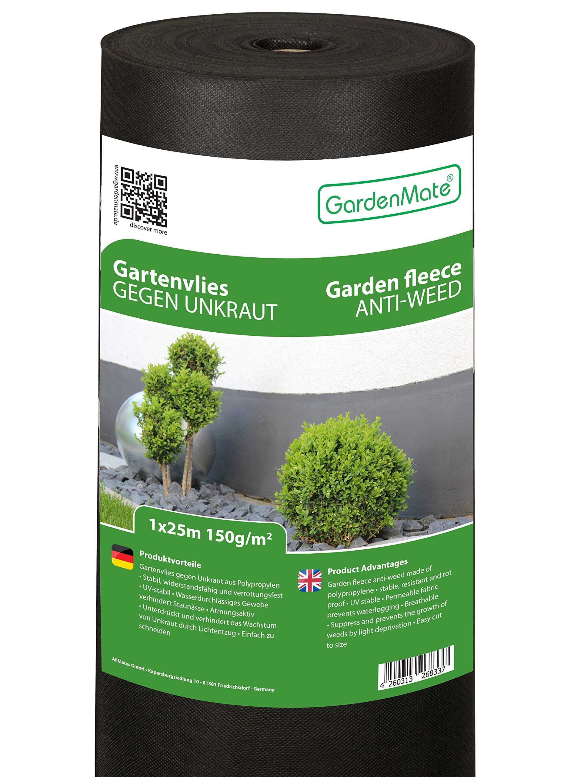 GardenMate 1m x 25m Roll non-woven weed control fabric - UV stabilised black 150gsm landscape ground cover membrane