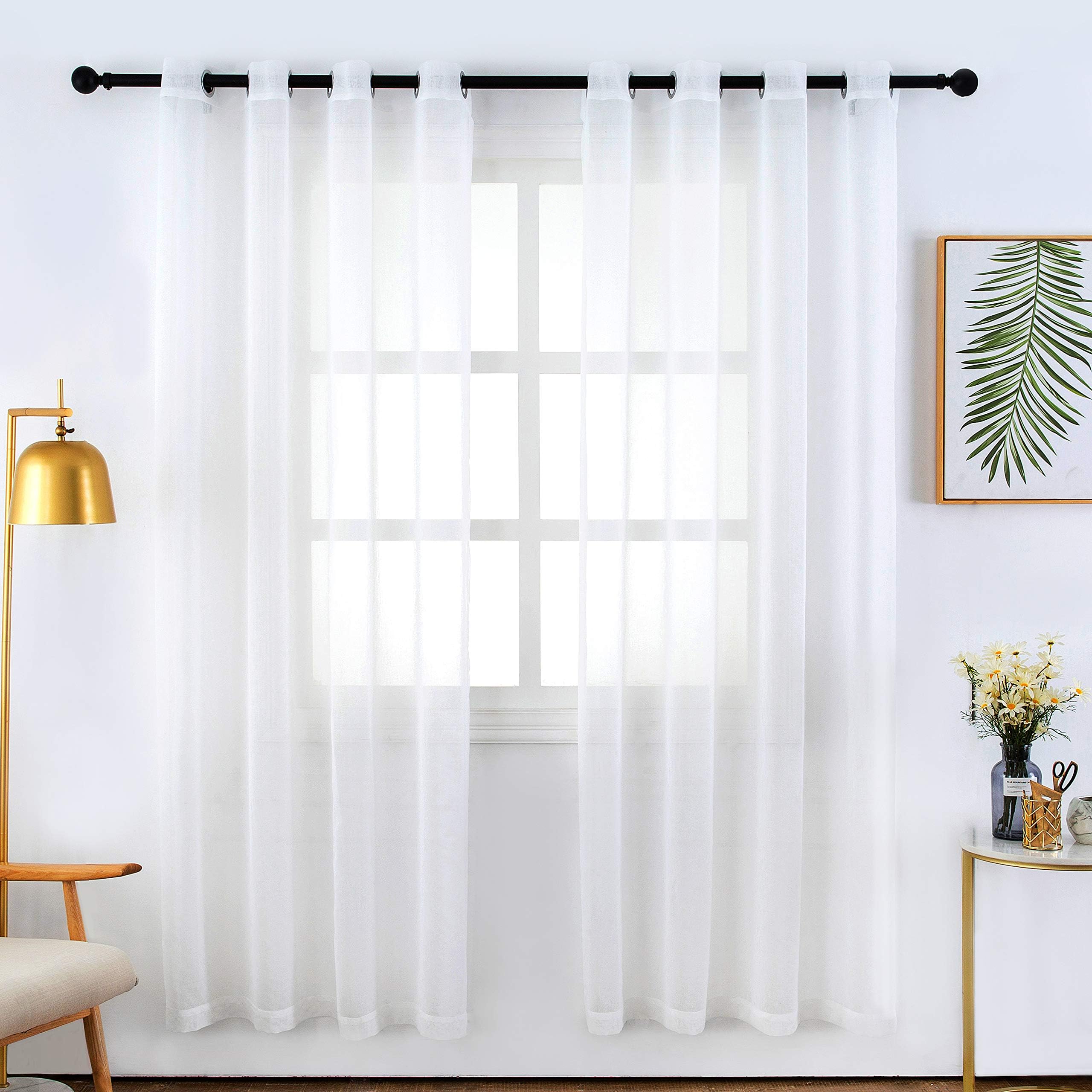 Bermino Faux Linen Sheer Curtains Voile Grommet Semi Sheer Curtains for Bedroom Living Room Set of 2 Curtain Panels 54 x 84 inch White