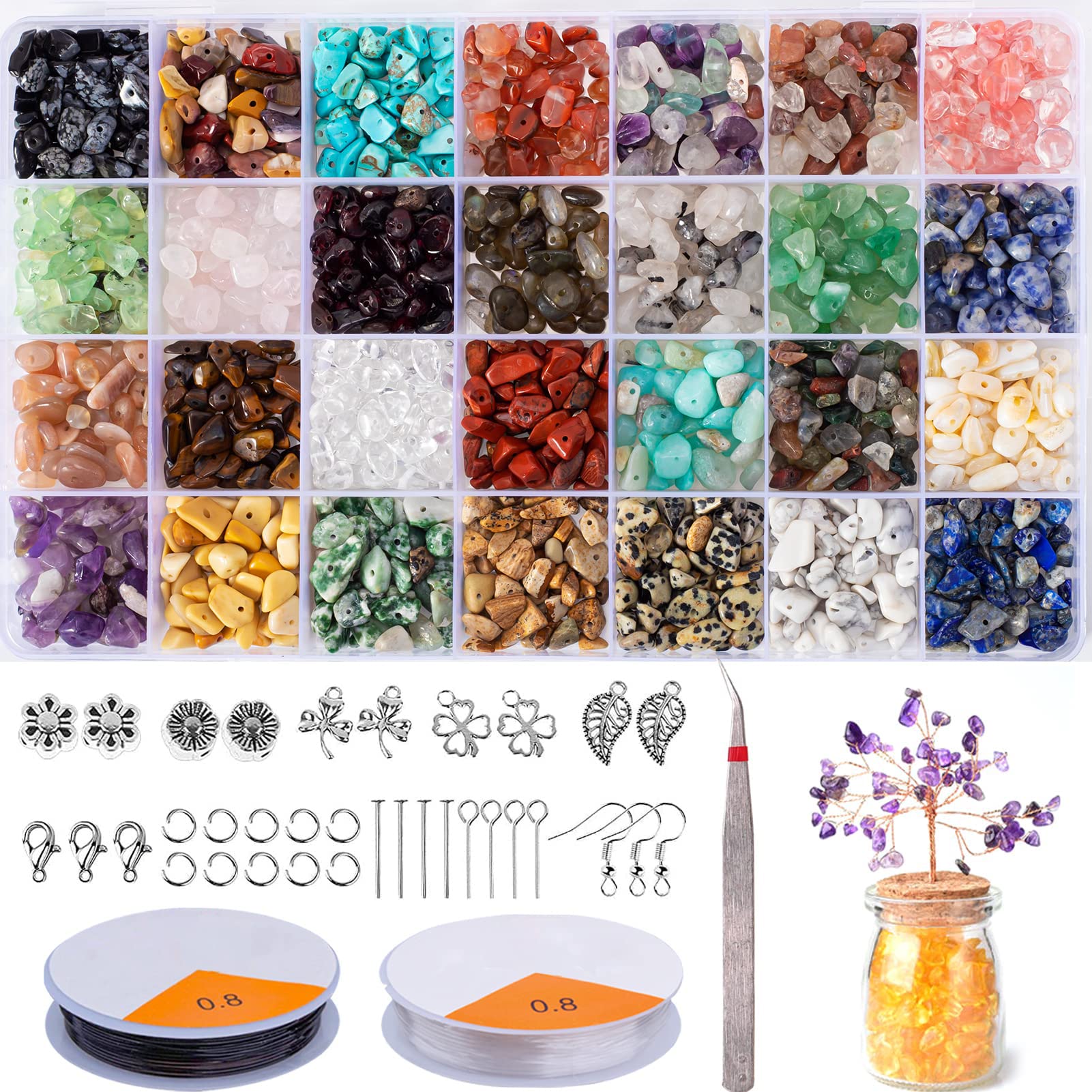 Colle Natural Gemstone Beads Stones Accessories Kit Crushed Irregular Chips Beads kit Natural Stone Chips Healing Crystal Loose DIY Beads for Jewelry Making Necklace Bracelet Ring (28 Color)