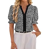 Blooming Jelly Women Puff Ruffled Sleeves Dressy Casual Blouses Floral Print V Neck Tops Color Blocked Business Work Shirts