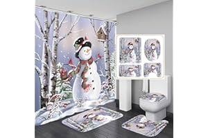 Hewego Snowman in Forest Shower Curtain Sets with Rugs for Bathroom,Christmas Bathroom Sets with Snowman Shower Curtain Toilet Lid Cover and 12 Hooks, Christmas Bathroom Decor(Medium Size)