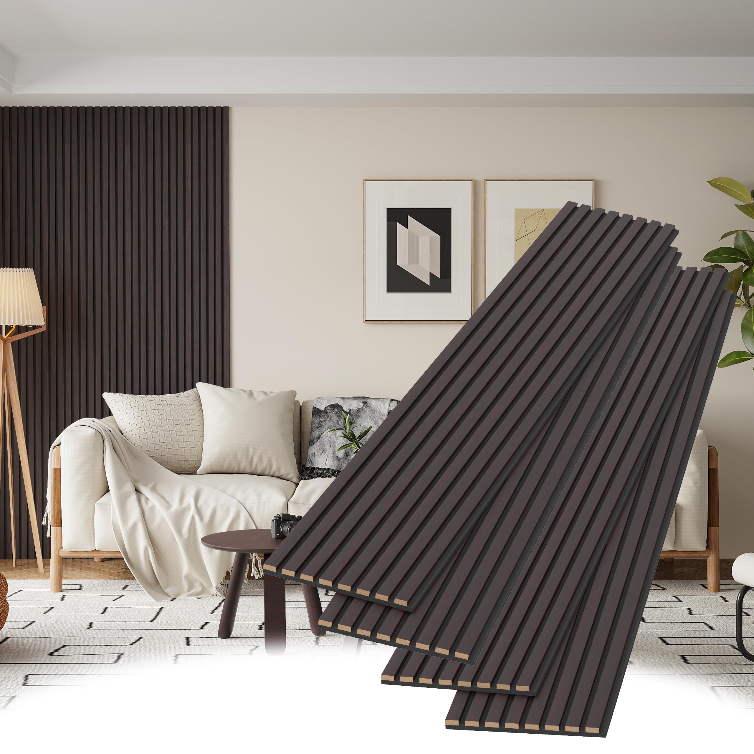 Photo 1 of POHARE Wood Slat Wall Panels, 4 Pack Accent Decorative Acoustic Wood Slats for Wall and Ceilings, Acoustic Panels for Interior Wall Décor on Felt Back Board, Black-Brown Oak, 8 x 1 ft