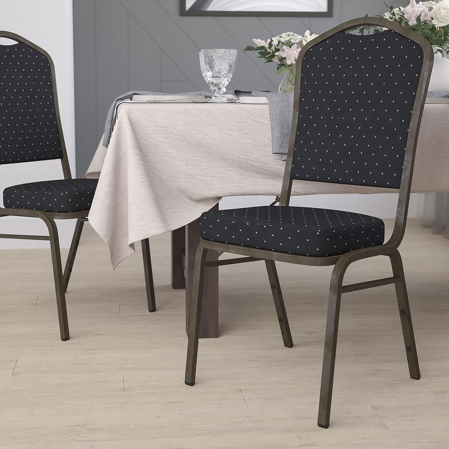 Flash Furniture HERCULES Series Crown Back Stacking Banquet Chair in Black Patterned Fabric - Gold Vein Frame: Furniture & Decor