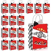 MotiMind 16 Pcs Race Car Fuel Treat Bags Racing Birthday Party Supplies Gift Black White Checkered Flag Paper Boxes Candy Goodies Bags with Handles for Wedding Bridal Baby Shower Party Favor Decor