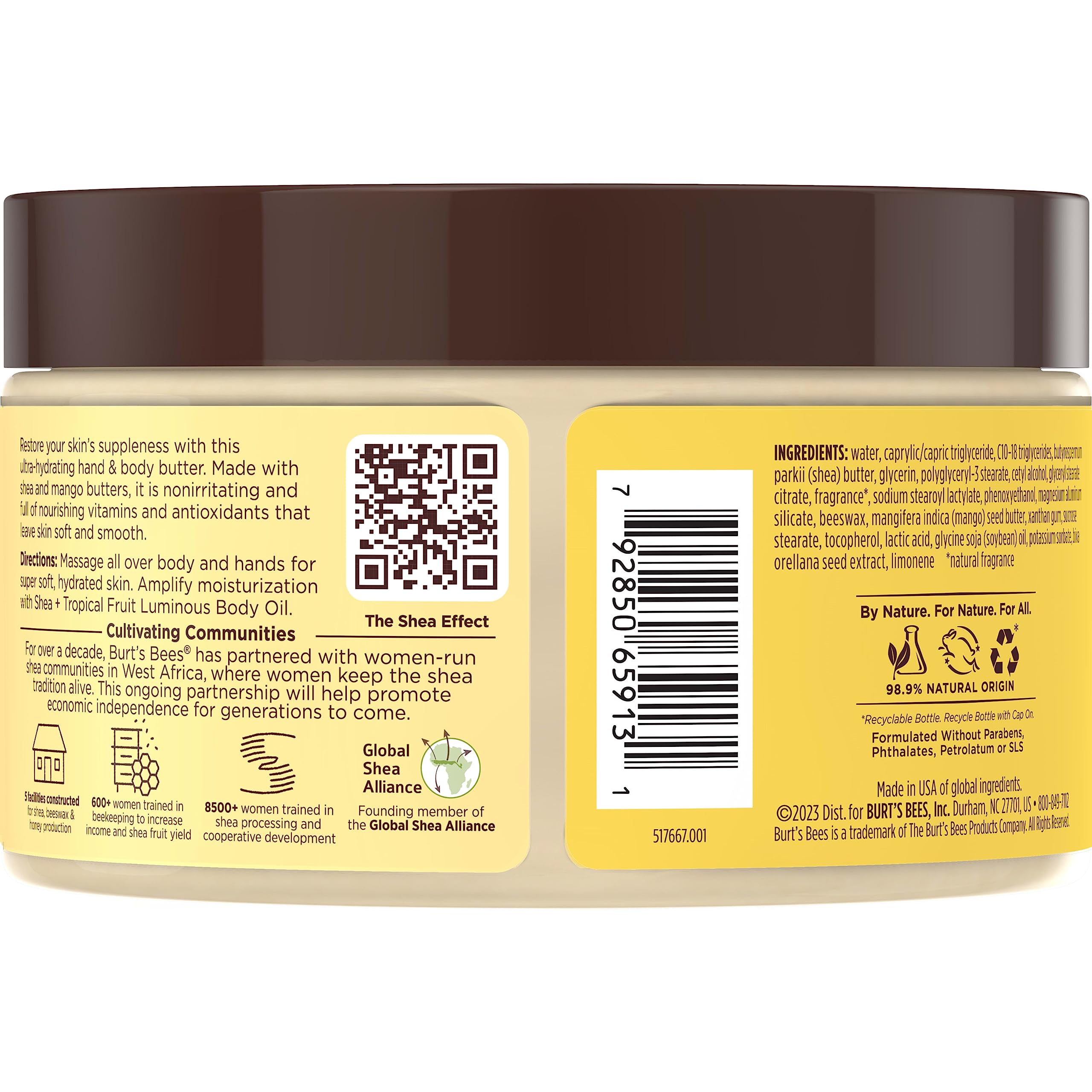 Burt's Bees Shea + Tropical Fruit Indulgent Hand and Body Butter, Non-Greasy, Antioxidant Rich for Glowing Skin, Non-Irritating, Natural Origin Skin Care, 11 oz.