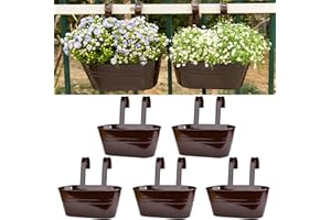 LOVOUS 5 Pack Railing Planter for Outdoor Plants Balcony Hanging Flower Pots with Detachable Hooks Metal Hanging Planters for Fence Garden Yard Patio Porch Home Decor,Bronze