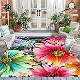 Lux Washable Outdoor Rug Farmhouse Modern Floral Pattern Red Green Area Rug for Patio Deck Porch Balcony Non Slip Romantic Ba