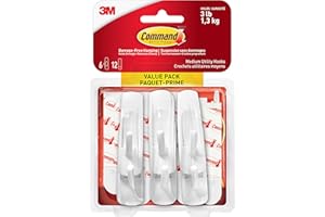 Command Utility Hooks Value Pack, Adhesive Hooks, Medium, 6 Wall Hooks 12 Medium Strips