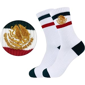 PHYZNIX Mexican Crew Socks with Gold Embroidered Eagle,Vintage Striped Casual Streetwear Socks for Daily Wear, Sports & Gifts