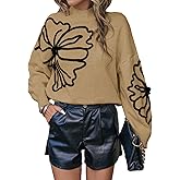 SISKIN Women's Off Shoulder Pullover Mock Neck Trendy Long Sleeve Knit Sweaters Cozy Cute Floral Sweater in Winter Khaki