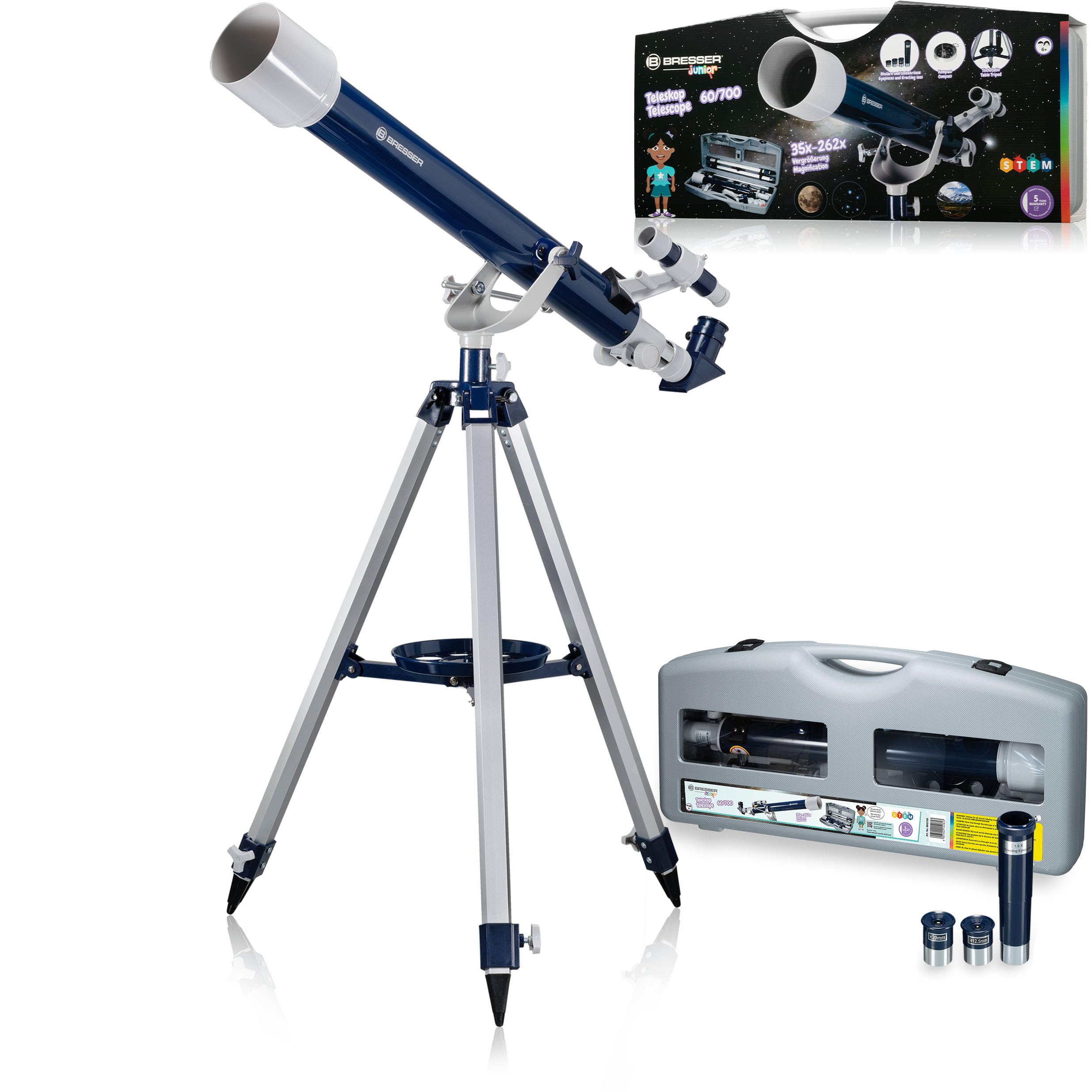 Bresser Junior Telescope 60/700 AZ Refractor Telescope - Blue/Grey