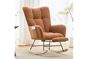 ETCZOYE Nursery Rocking Chair Teddy Upholstered Glider Rocker with Footrest Accent Chair with High Backrest Armchair Comfy Side Pocket Chair for Living Room, Bedroom, Offices (Large Brown)