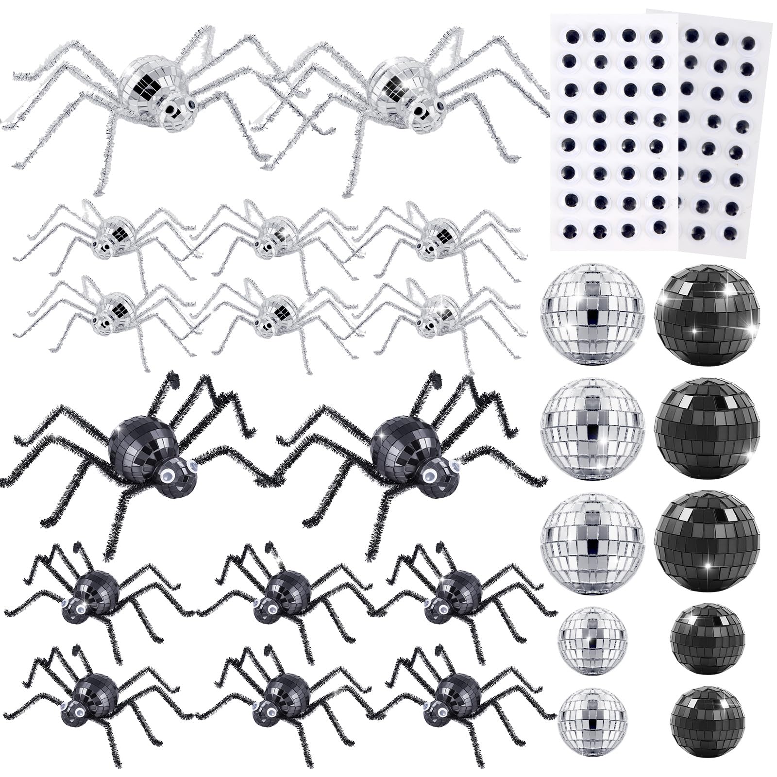 Photo 1 of 24 Pcs Halloween Disco Spiders Halloween Disco Decor DIY Disco Spiders Making Kit for Halloween Party Decor Glitter Disco Ball with Sparkle Pipe Wiggle Googly Eyes for Halloween DIY Spiders (Spider Shape)