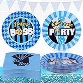 HAPPARTY Serve 24 Guests Boss Birthday Party Supplies - 7in Paper Plate Trays and 4.9in Tissue Napkins, for Boy Black Blue Baby Shower Boss First 1st One Year Old Birthday Decorations