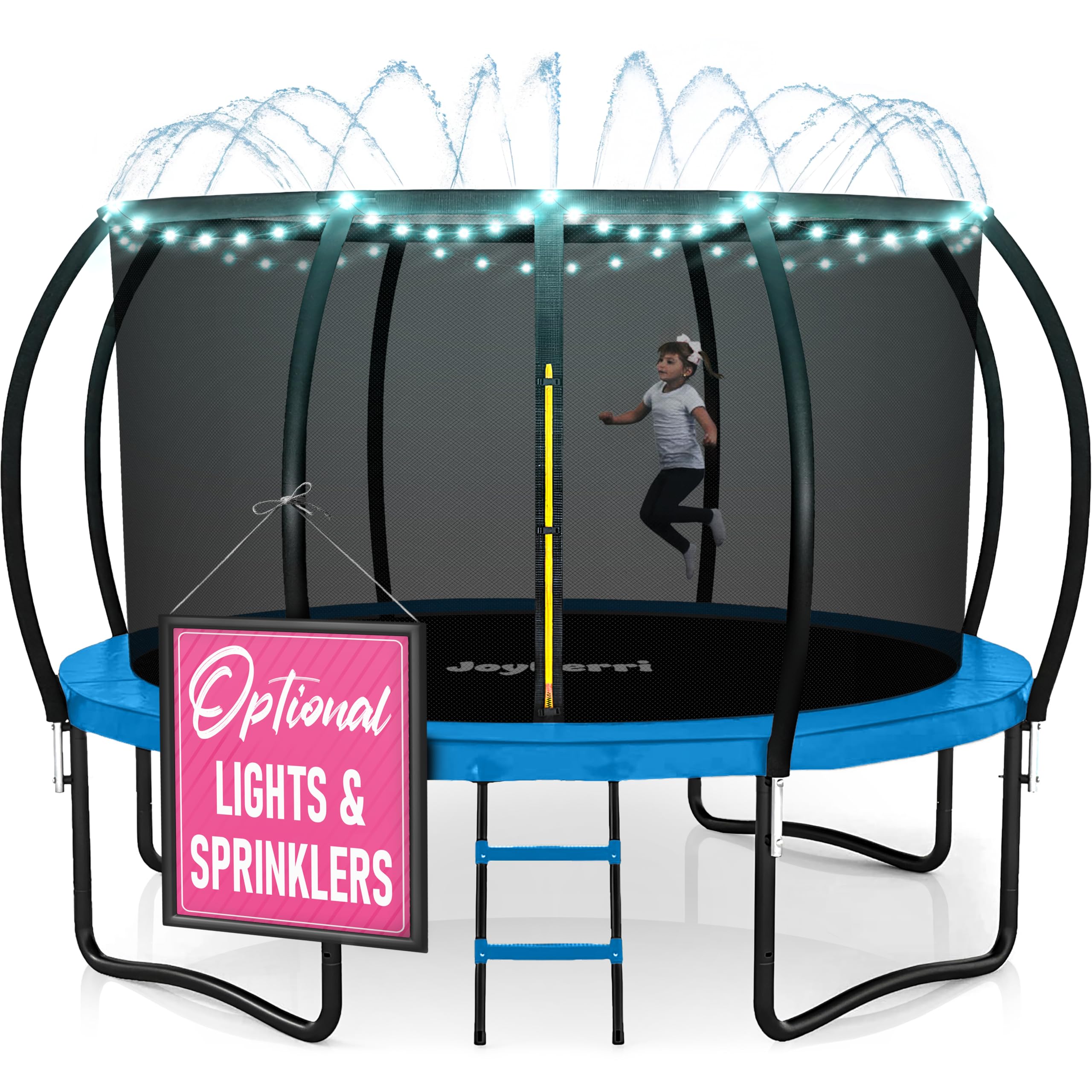 JoyBerri Trampoline Outdoor - Upsurge ASTM Certified Safe 8Ft 10Ft 12Ft 14Ft 15Ft 16Ft Recreational Trampoline for Kids and Adults. Anti-Rust Coating with Enclosure Net, Ladder, Sprinkler & LED Lights