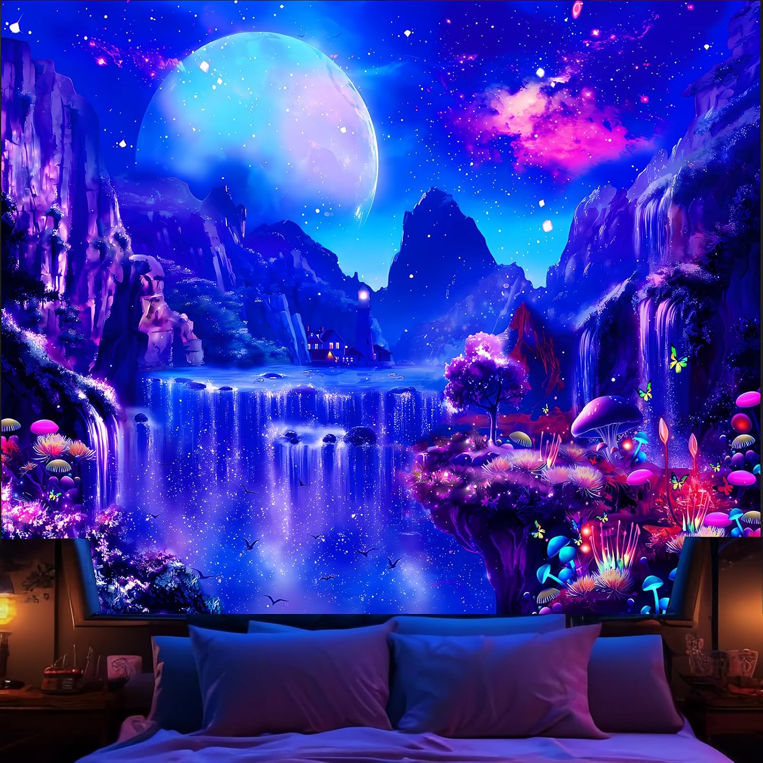 Tapestries - Avinyl Blacklight Space Tapestry for Bedroom, Black Light Moon and Mushroom Large Tapestries 60