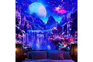 Avinyl Blacklight Space Tapestry for Bedroom, Black Light Moon and Mushroom Large Tapestries 60" x 79", Glow In The Dark Fantasy Waterfall Landscape Wall Hanging for Living Room Dorm Decor