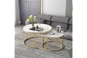 KISEELY Nesting Coffee Table Set of 2, 32" Round and Marble Pattern Wooden Tables with Metal Frame Base, Stacking Nesting Tables for Living Room Bedroom Office, Easy Assembly & Cleaning (Double White M1)