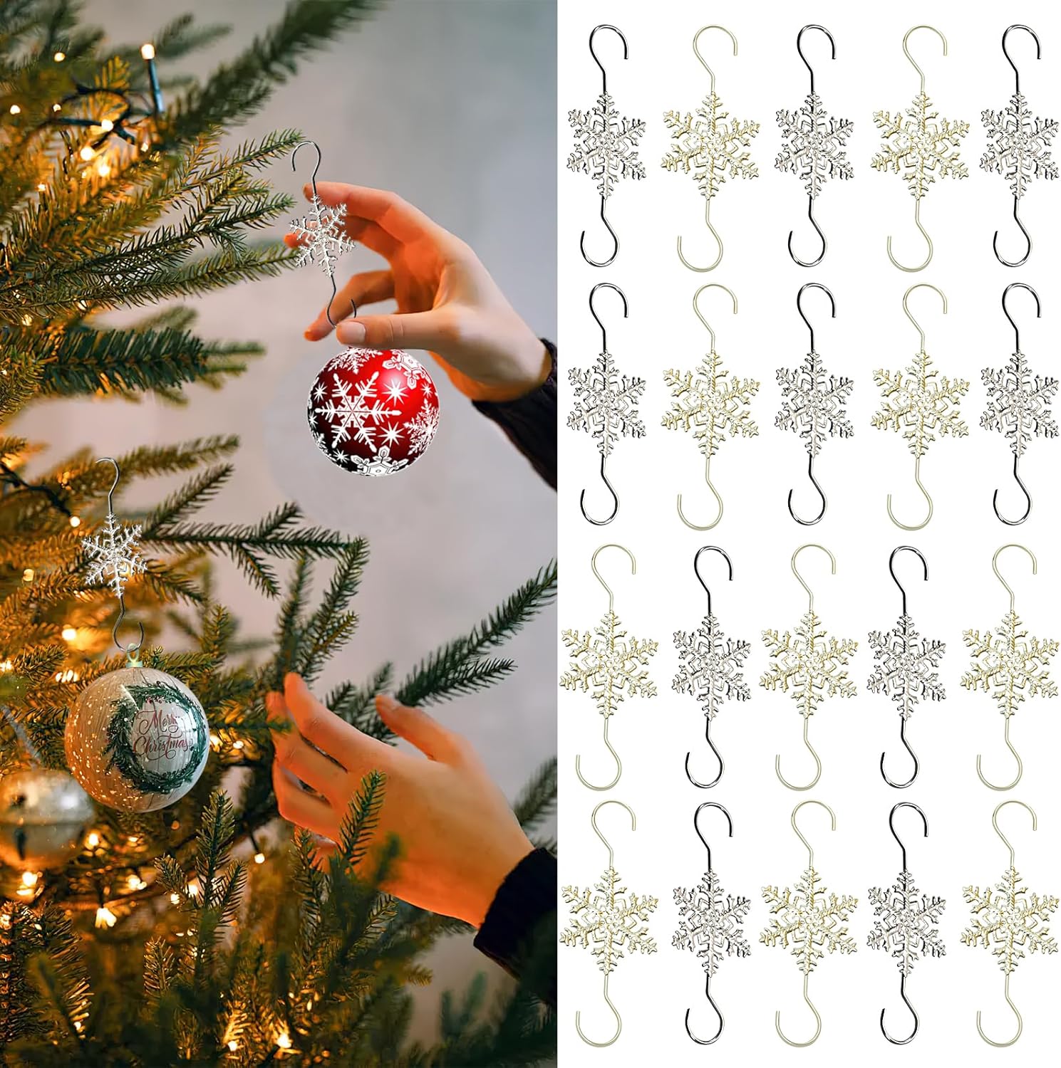 Ornament Hooks - BASEMMAHER Christmas Ornament Hooks Gold Sliver Snowflake Ornament Hangers for Hanging Christmas Tree Decorations Metal No-Slip Hanging Hook Xmas Hanger for Christmas Balls Party Ornaments 20Pcs