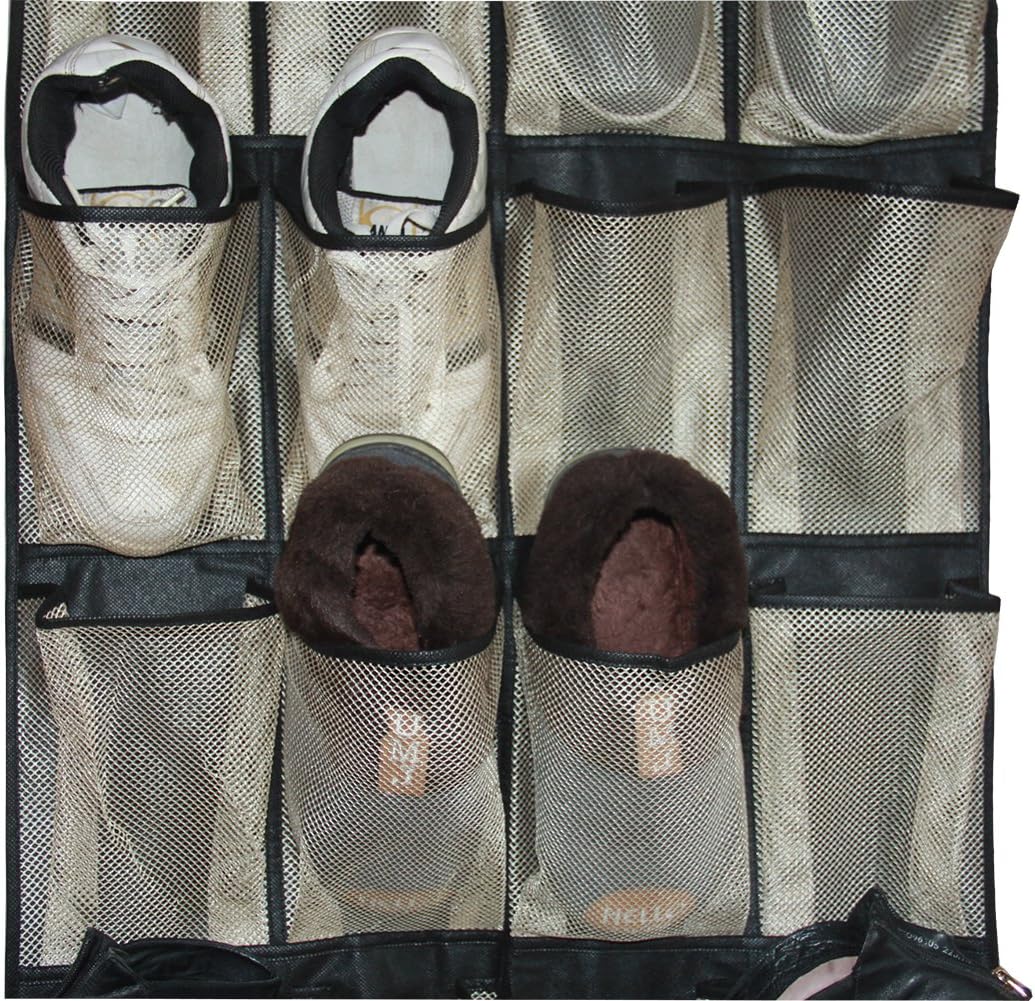 MISSLO Hanging Shoe Rack Over Door Shoe Storage Organiser Holder 24 Large Mesh Pockets with Hanger(Black) - Image 4