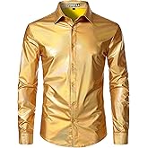 ZEROYAA Men's 70s Disco Button Down Shirt Shiny Metallic Long Sleeve Costume for Party Prom