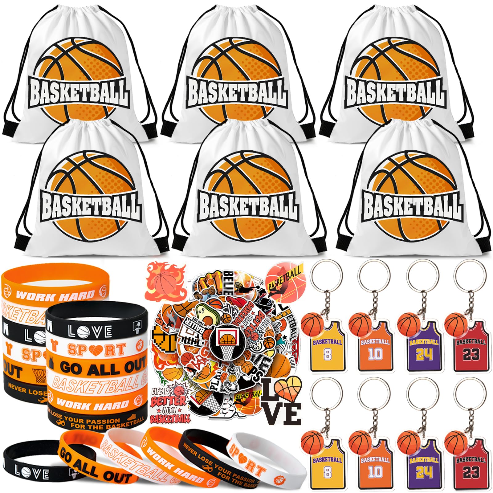 Photo 1 of SNLN 12 Sets Basketball Party Favors Basketball Goodie Bags for Boys Includes Drawstring Bag Silicone Bracelet Keychain Tattoo Sticker for Sports Goodie Bags Basketball Birthday Party Supplies Decor