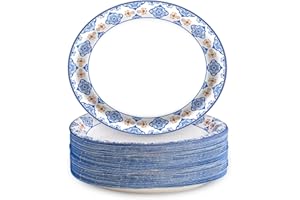 EggSun 50Pcs Blue Floral Oval Plates 10"x 12", Large Disposable Paper Plates, Heavy Duty Flower Plate Tableware for Family Gathering, Dinner Time, Birthday, Wedding, Holiday Party Serving Supplies
