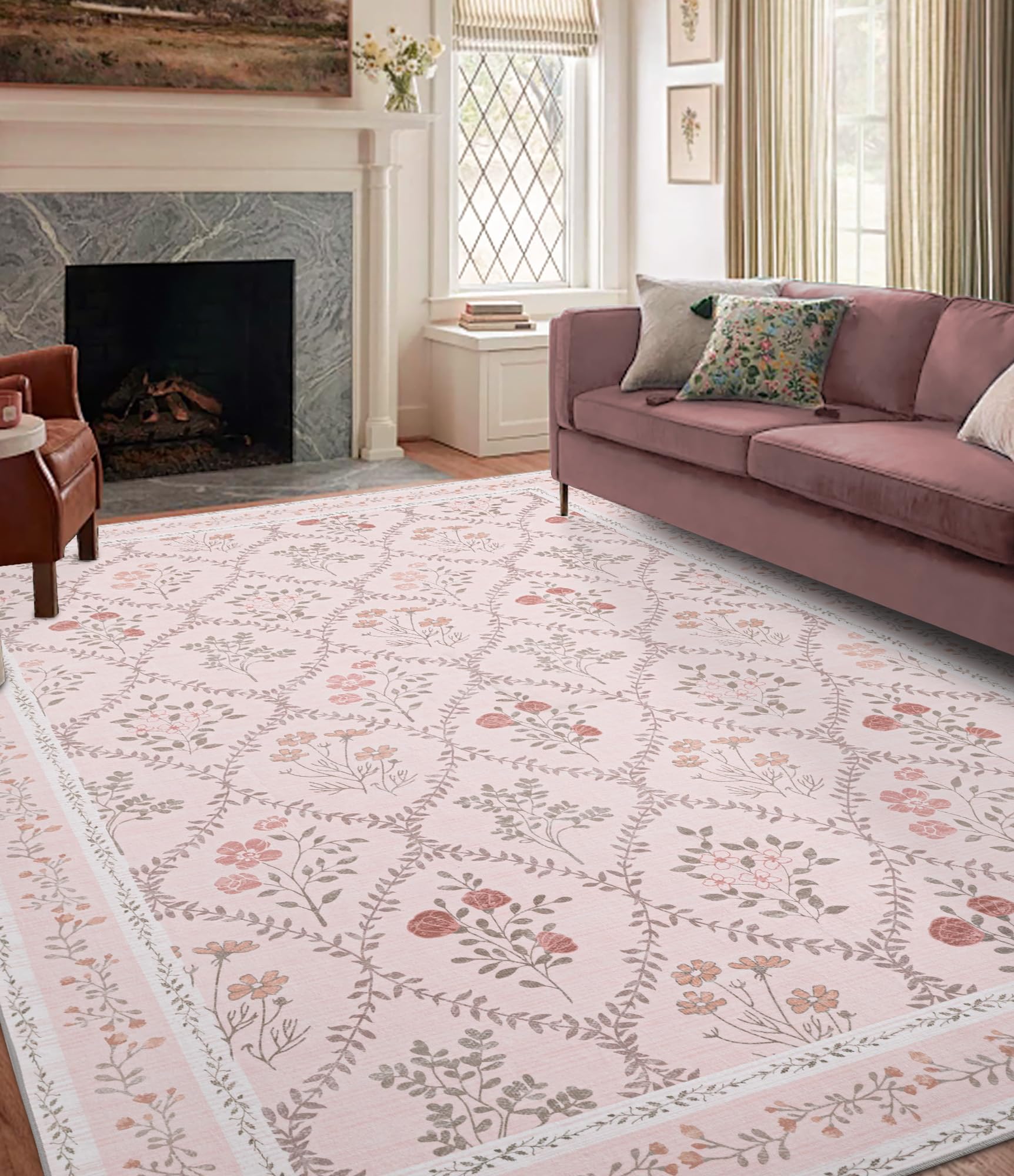 Photo 1 of YIHOUSE 8x10 Washable Rug for Living Room, Pink Floral Rugs for Bedroom Boho Area Rug Non Slip Ultra-Thin Large Rug for Kids Playroom, Classroom, Girls Dorm, Nursery, Pink Multi