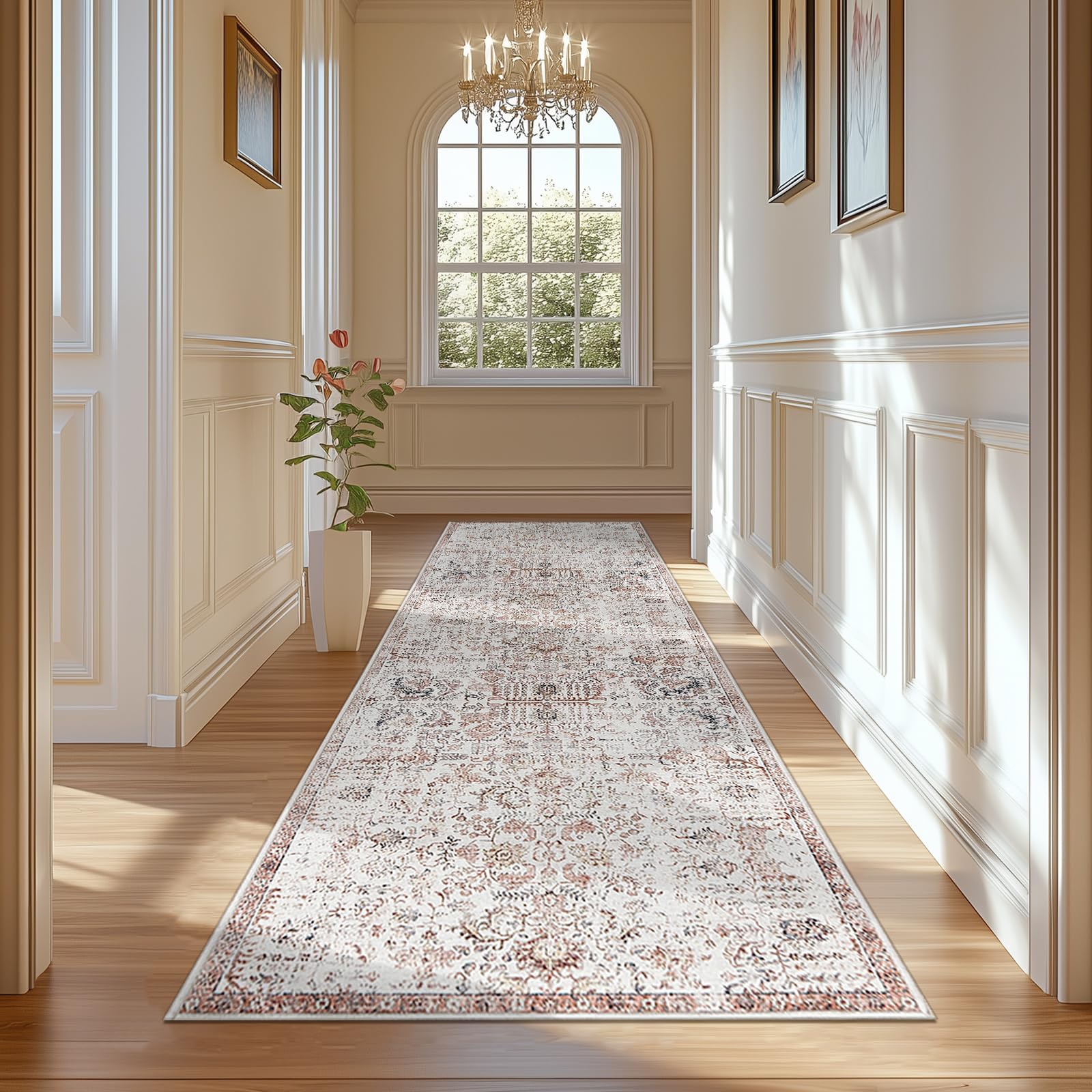 Photo 1 of jinchan Kalen Runner Rug 3x10 Washable Hallway Rug Vintage Indoor Thin Retro Floor Cover Distressed Floral Country Lightweight Non Slip Carpet for Entryway Bathroom Bedroom Living Room Stairway Red
