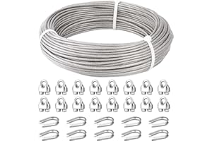 Fshihine 3/16 Wire Rope,150ft Stainless Steel Cable with Cable Clamps &Thimble, 7X19 Strands Braided Aircraft Cable, 3700lbs Breaking Strength Steel Cable for Zipline, Deck Railing, Clothesline