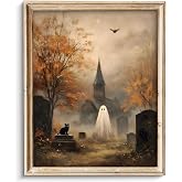 Vodefoad Vintage Cute Ghost Wall Art, Retro Moody Ghost And Black Cat Graveyard Canvas Wall Art, Eerie and Spooky Autumn Halloween Art for Kitchens, Nurseries, and Entryway Holiday Gift - 8x10Inch Unframe
