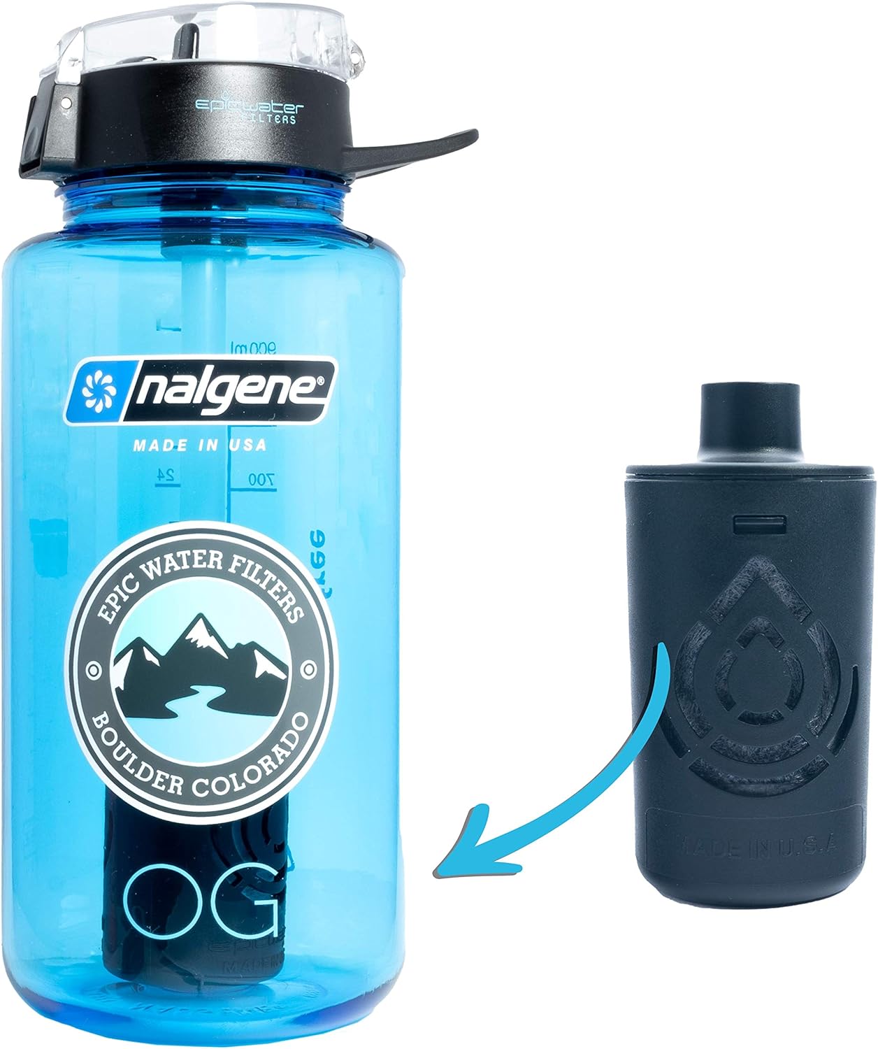 Epic Nalgene OG | Water Filtration Bottle | Wide Mouth 32 oz | American Made Bottle | USA Made Filter Removes 99.99% of Tap Water Contaminants Lead Chlorine Chromium 6 (Slate Blue Covered Lid)