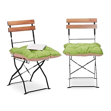 Relaxdays Sitzkissen 45 x 45 cm, 2er Set Gartenstuhlauflage mit Band, Bequeme Sitzpolster für Garten und Heim, grün/Sand