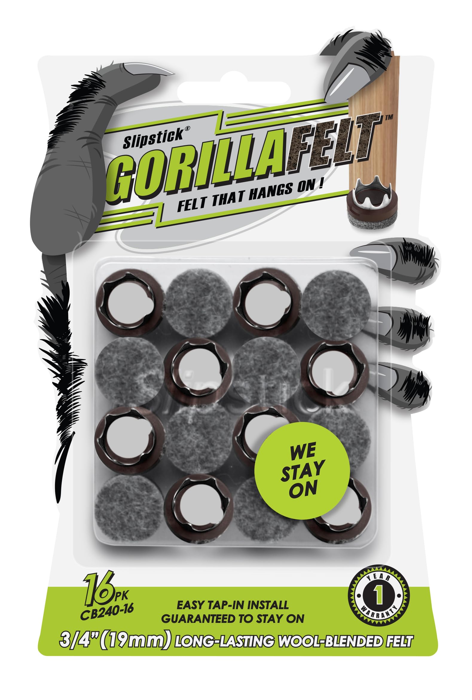 GorillaFelt ¾ Inch Chair Leg Floor Protectors/Felt Glides (Set of 16) Tap On Felt Furniture Pads Guaranteed to Stay On, Round Sliders, CB240-16