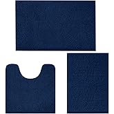 LINLA 3 Pieces Bathroom Rug Set, Absorbent Non Slip Chenille Bath mat, Thick Plush Chenille Carpet Mats Set,Washable Dry Quickly with U-Shaped Toilet Mat for Tub, Shower（Navy Blue）