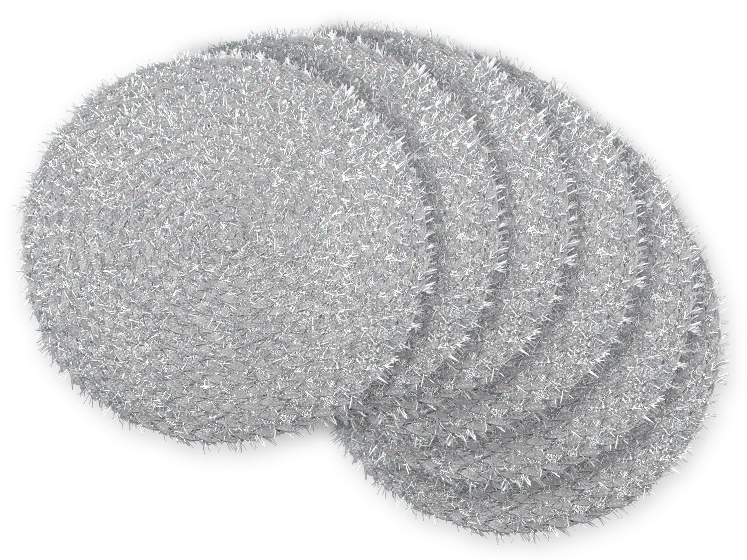 DII Round Braided/Woven, Indoor/Outdoor Placemat/Charger with Tinsel, Set of 6, Silver
