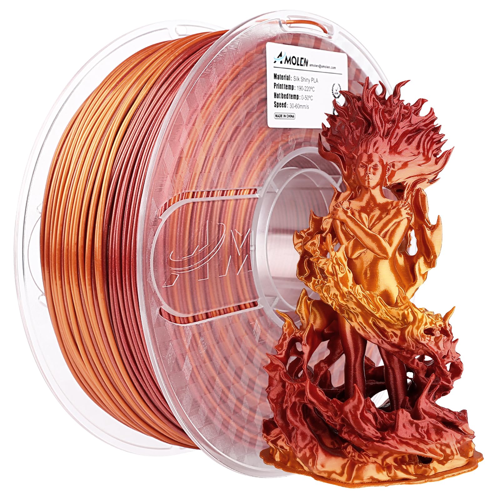 AMOLEN PLA 3D Printer Filament, 1.75mm Silk Shiny Red Gold Gradient Filament, 1KG/2.2lb